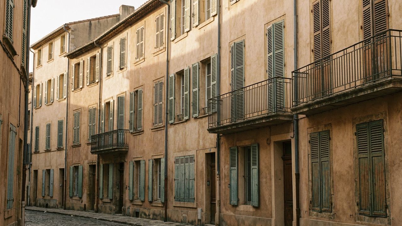 A terrace of tall shuttered townhouses on a narrow European street, warm render, late afternoon light