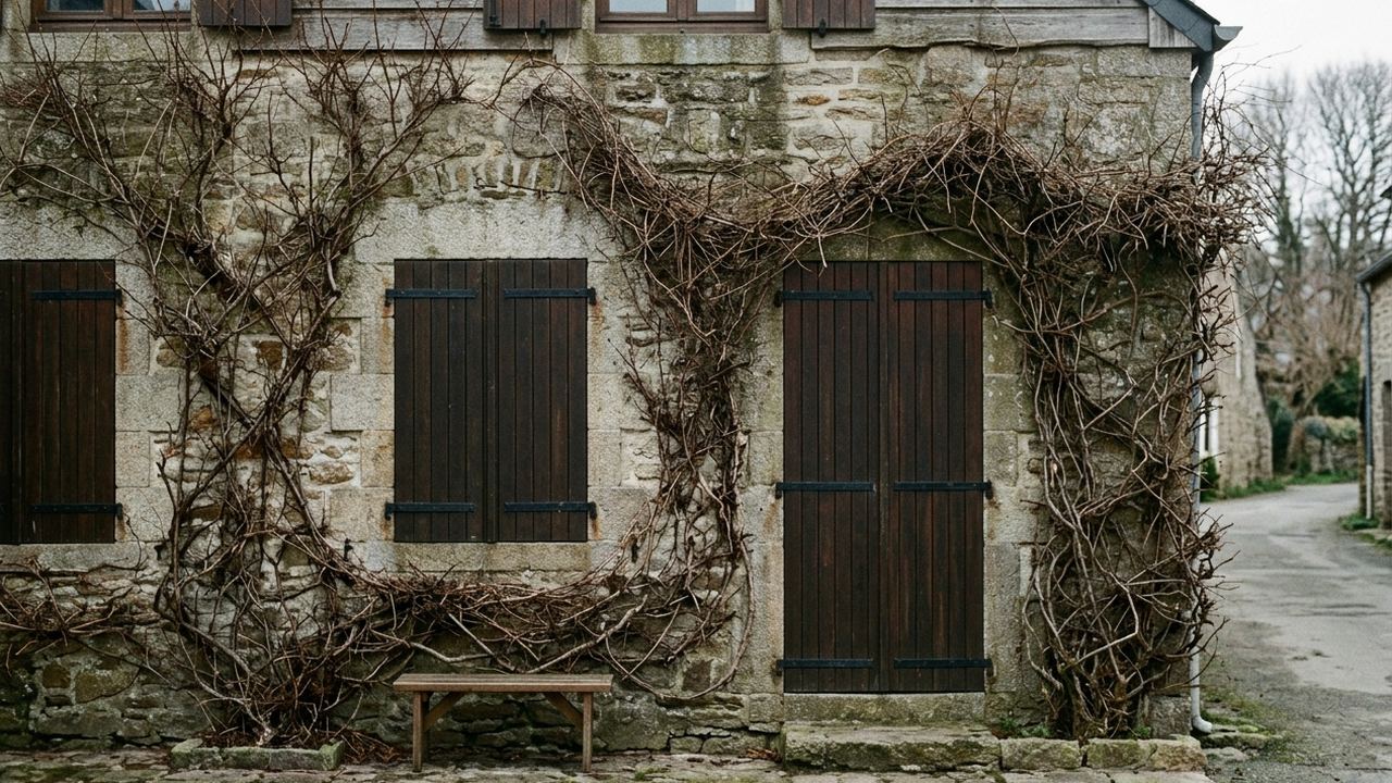 The shuttered front of a small guesthouse out of season, bare climbing plant, damp stone, grey light