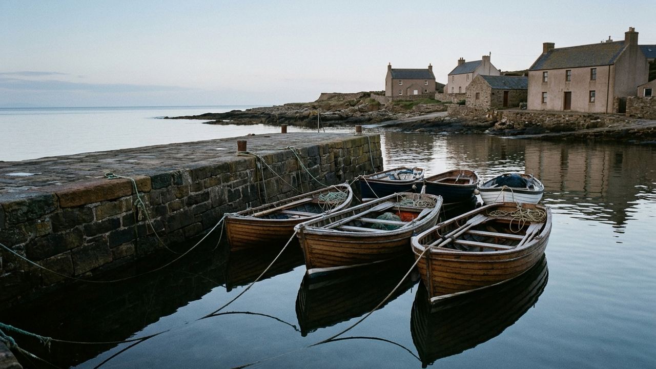 A small harbour at first light with open wooden boats moored to a stone pier, still water, no people