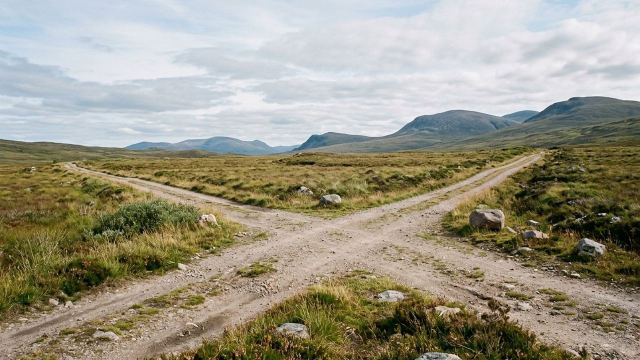 A signless crossroads of two unpaved tracks on a high grassy plateau, wide sky, no markers