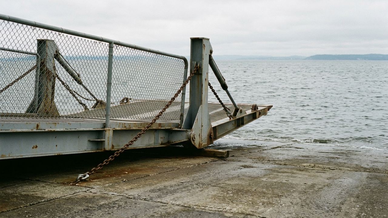 A ferry ramp lowered onto a concrete slipway with grey open water beyond, no vessel in frame