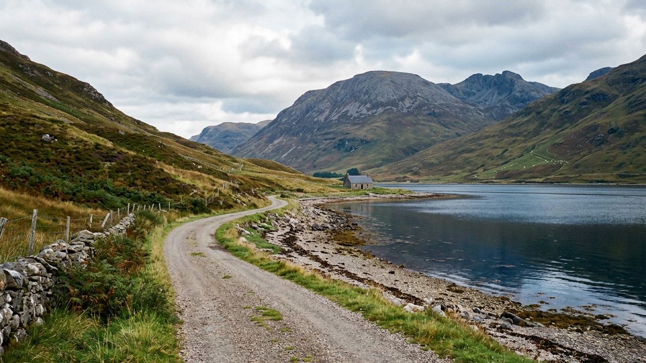 A gravel coast road curving along the shore of a deep sea loch under broken cloud, bare hills behind, no vehicles