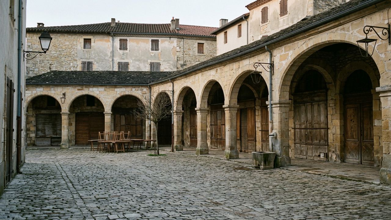 An empty stone arcaded market square at dawn, worn paving, shutters closed, soft light