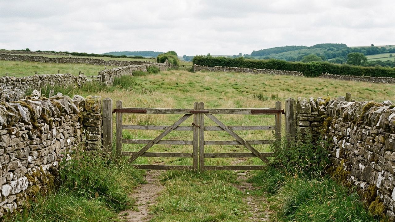 A closed wooden field gate at the end of a walled lane, rough grass beyond, overcast