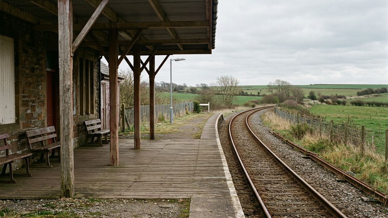 An empty rural station platform under a plain canopy with the track curving away into fields