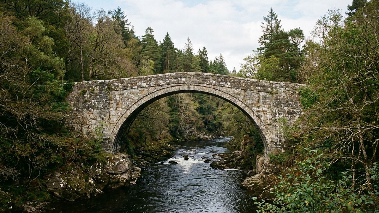 A single arched stone bridge crossing a river gorge, dark water below, woodland either side