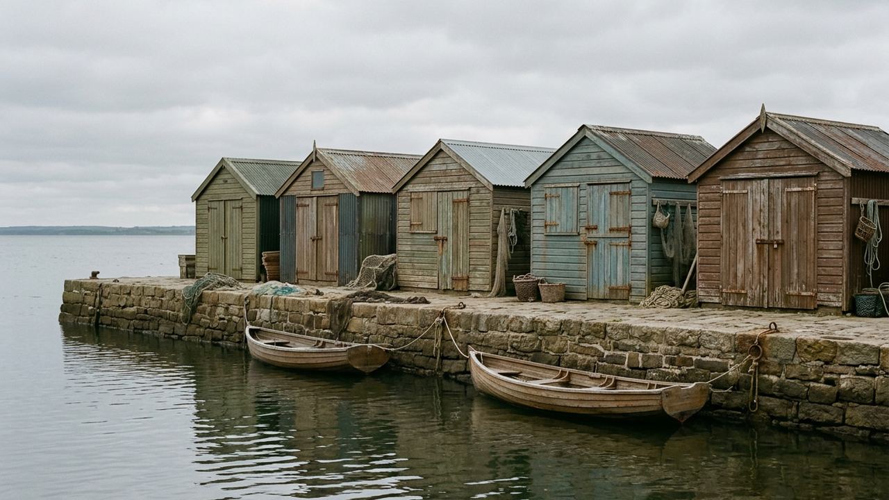 A row of small shuttered fishing huts along a stone quay, still water in front, flat grey light