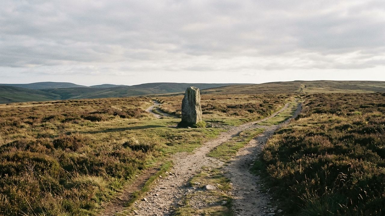 A walking path forking in two on open moorland beside a plain standing stone, low sun