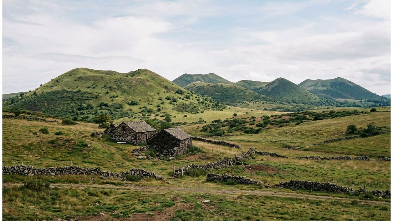 A range of green extinct volcanic cones seen across upland pasture, dry stone shepherd huts, clear high light