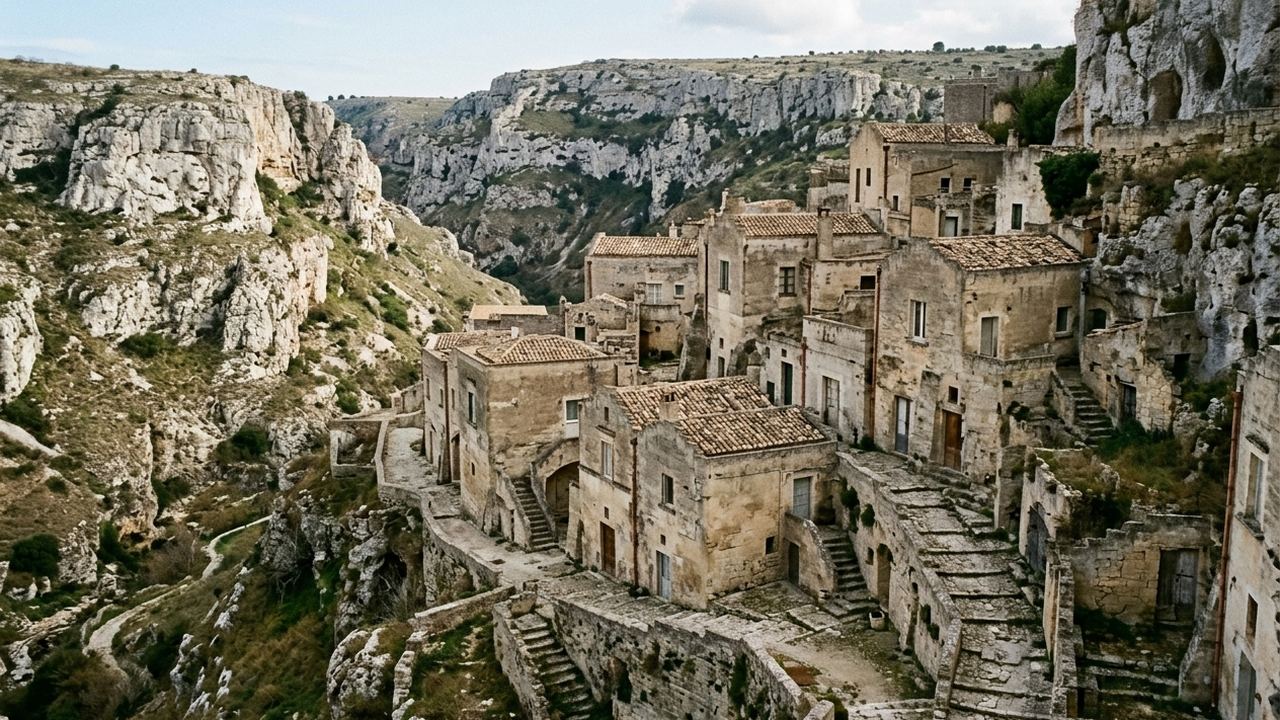 Pale limestone houses cut into the wall of a deep ravine, stepped lanes, bare rock opposite, hard southern light