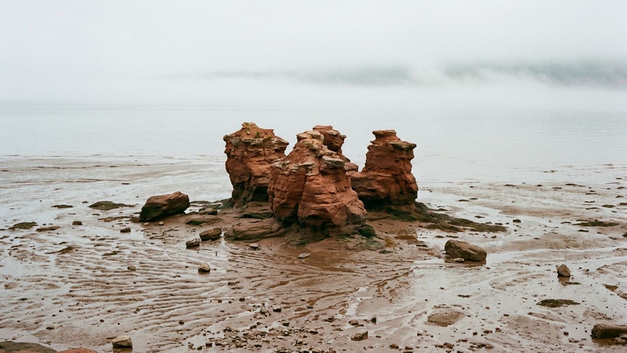 Red sandstone sea stacks standing on a wide muddy tidal floor at low tide, fog on the water behind them