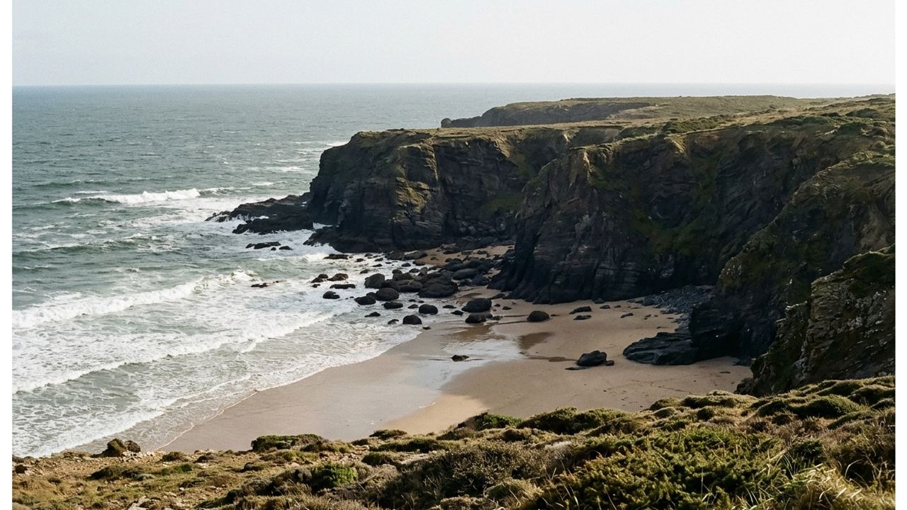 High Atlantic cliffs of dark rock above an empty sandy cove, wind bent scrub on the clifftop, bright hard light