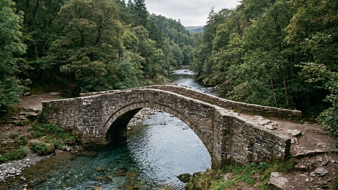 A stone arched packhorse bridge over very clear cold river water in a wooded gorge, grey rock, soft light