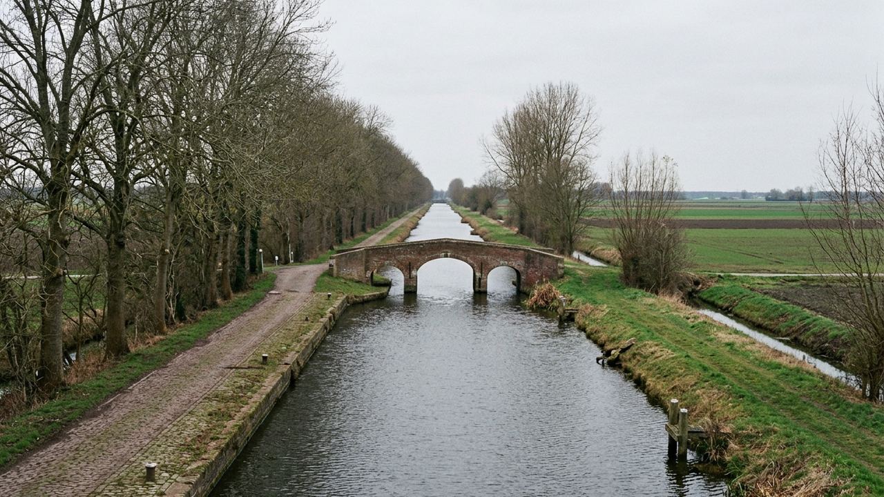 A straight tree lined canal with a brick towpath and a low bridge, flat Flemish farmland either side, grey light