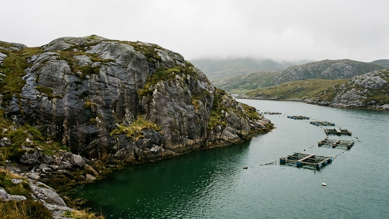 A granite headland above a deep green Atlantic inlet with mussel rafts on the water, low cloud, wet rock