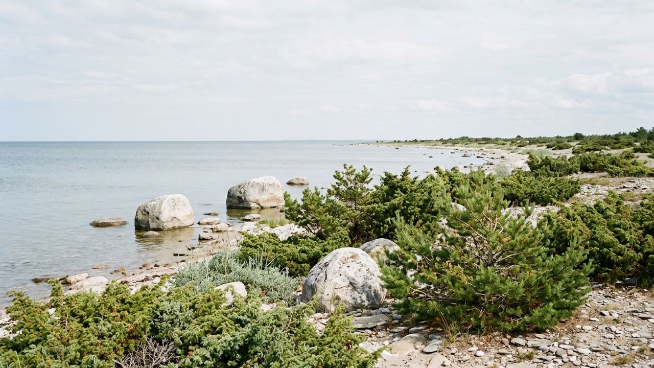Low juniper scrub and pine on a flat Baltic island shore with pale boulders in shallow water, pale summer light