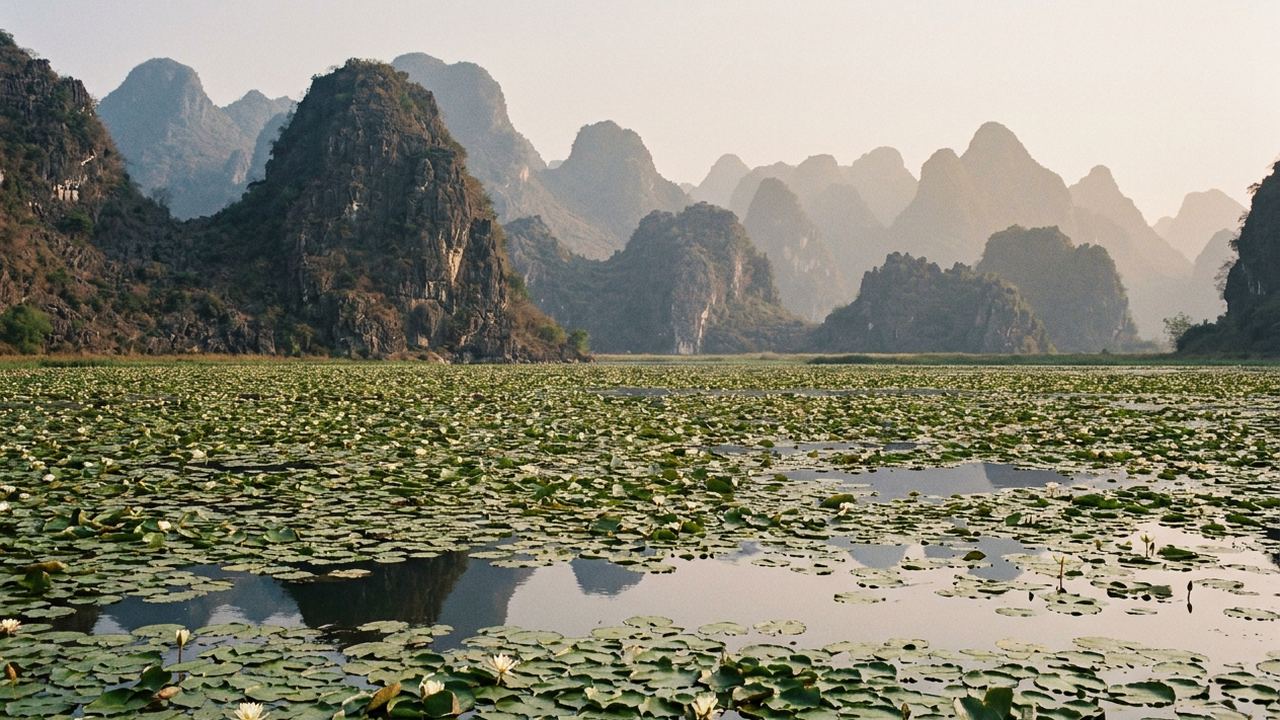 A wide shallow lake covered in water lilies with bare karst mountains rising directly behind it, hazy warm light