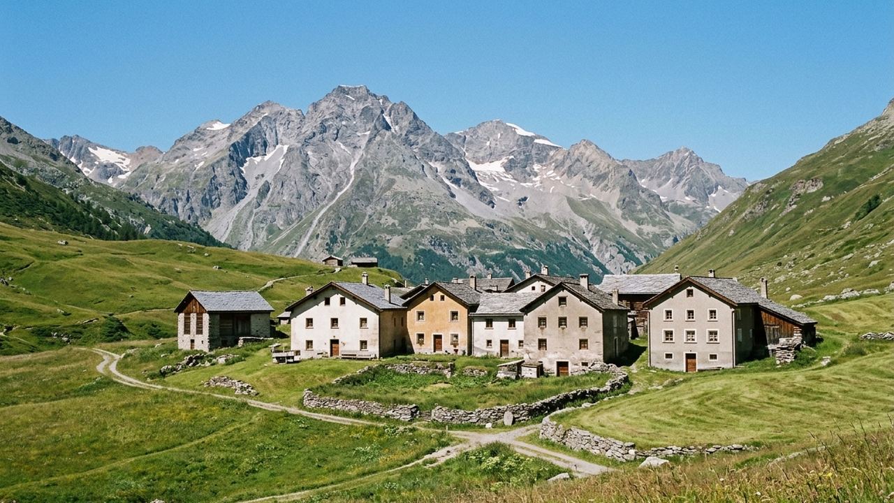 A high alpine valley of hay meadows with painted stone houses and bare grey peaks above, clear summer light