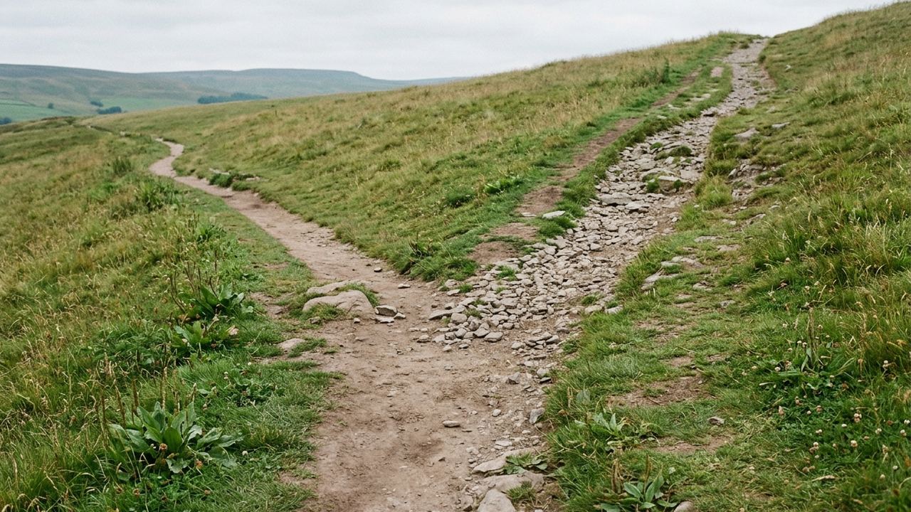 A path that splits into two, one branch of loose stone climbing and one of packed earth staying level, short grass, even light
