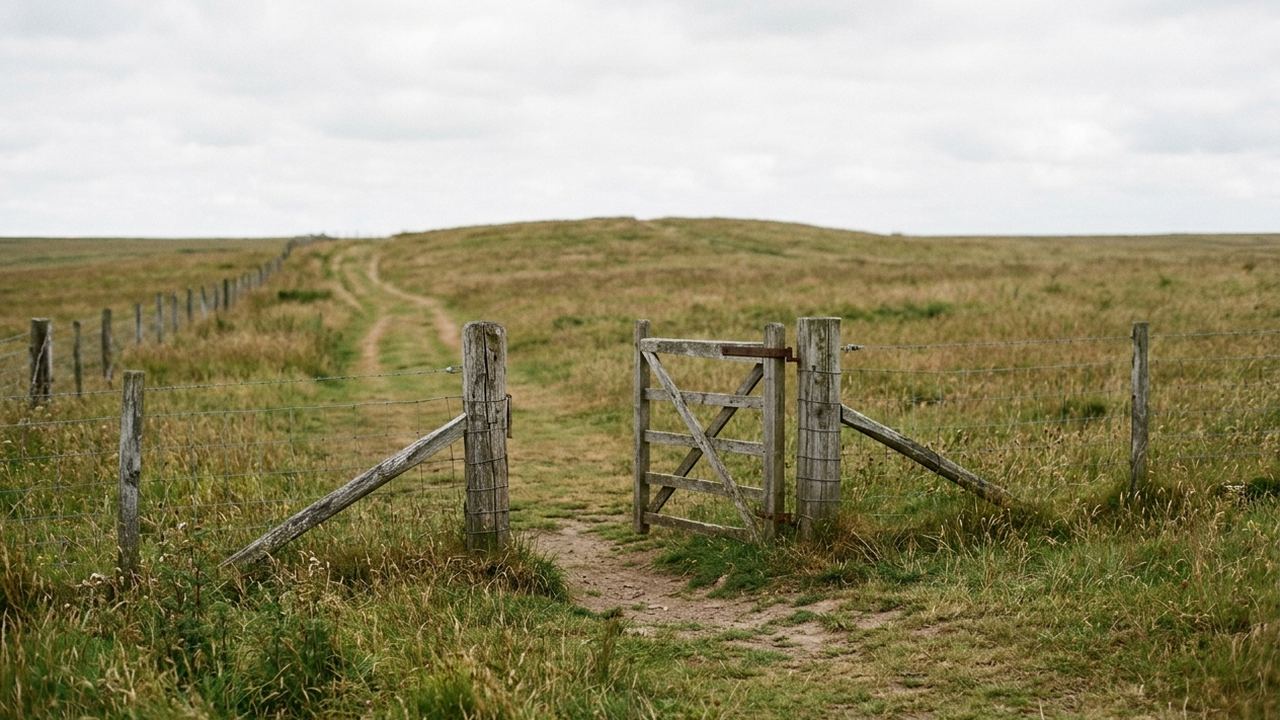 An open plain gate standing at the start of a farm track that runs away over a low rise, nothing beyond but grass and sky
