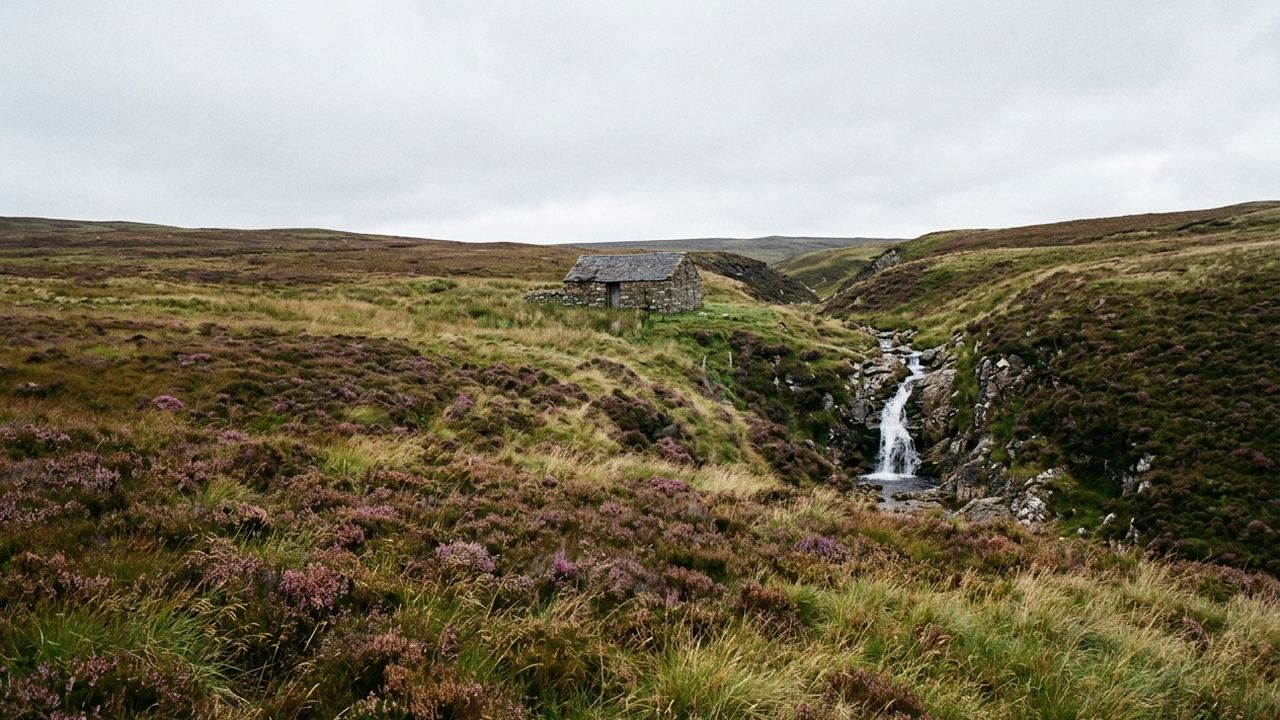 High heather moorland with a stone barn far off and a waterfall in a cleft, wide grey sky, rough grass