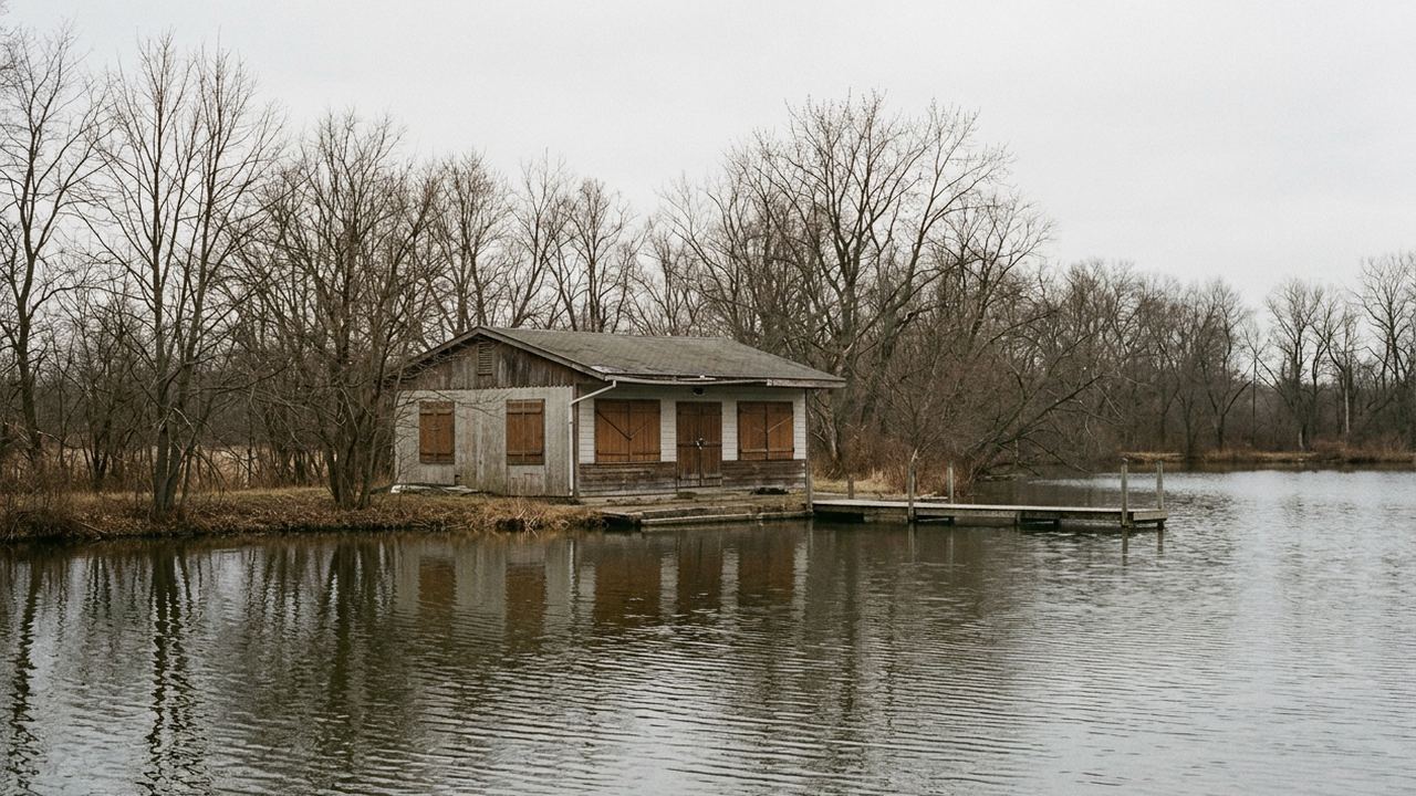 Wooden shutters closed across the front of a small building beside water, off season, bare trees, grey flat light