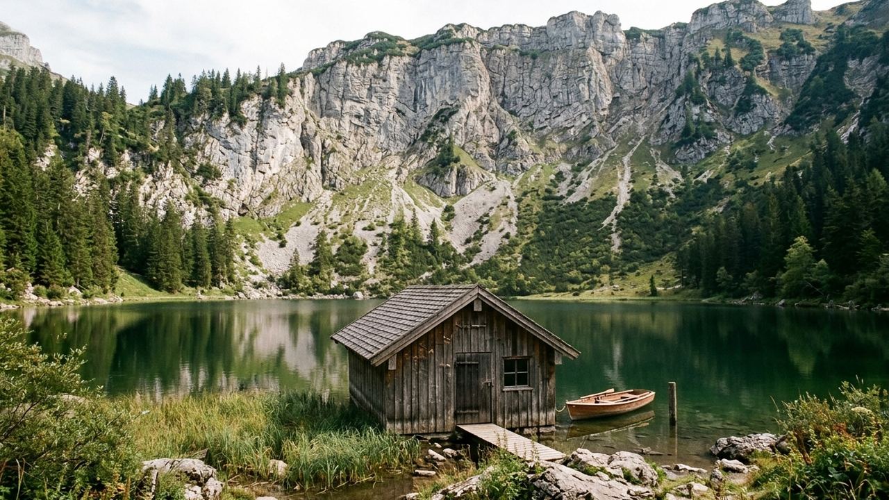 A deep green alpine lake under a limestone wall with a small wooden boathouse at the shore, cool clear light