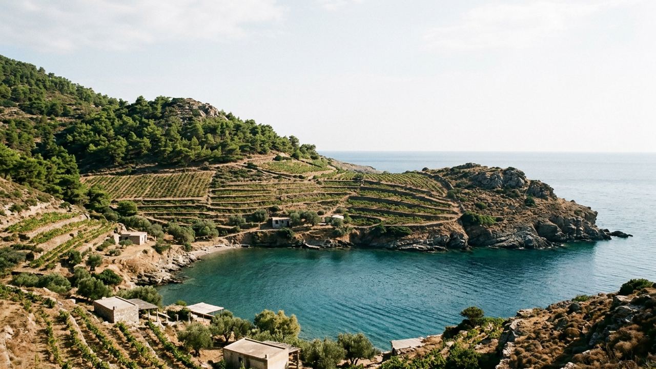 Pine covered hills running down to a small Aegean bay with terraced vineyards on the slope, bright clear light