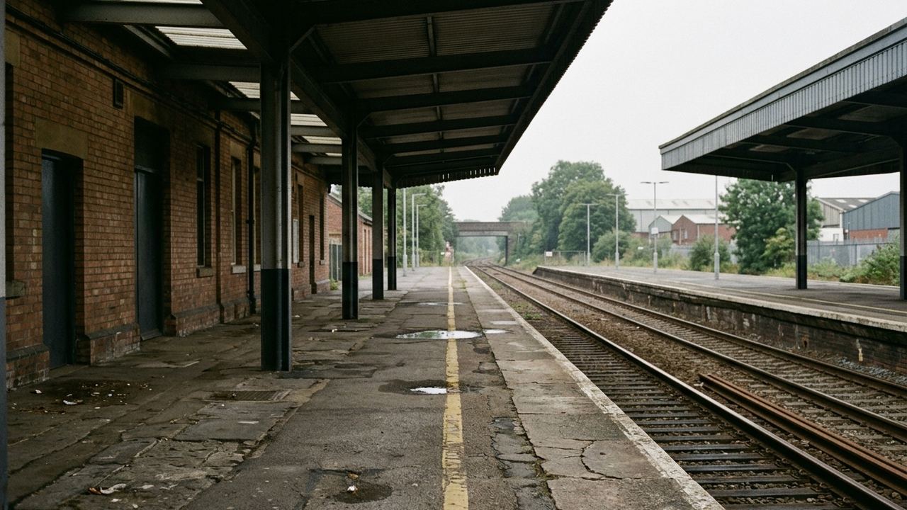 A single empty railway platform seen along its length with the canopy edges overlapping above, no train, grey daylight