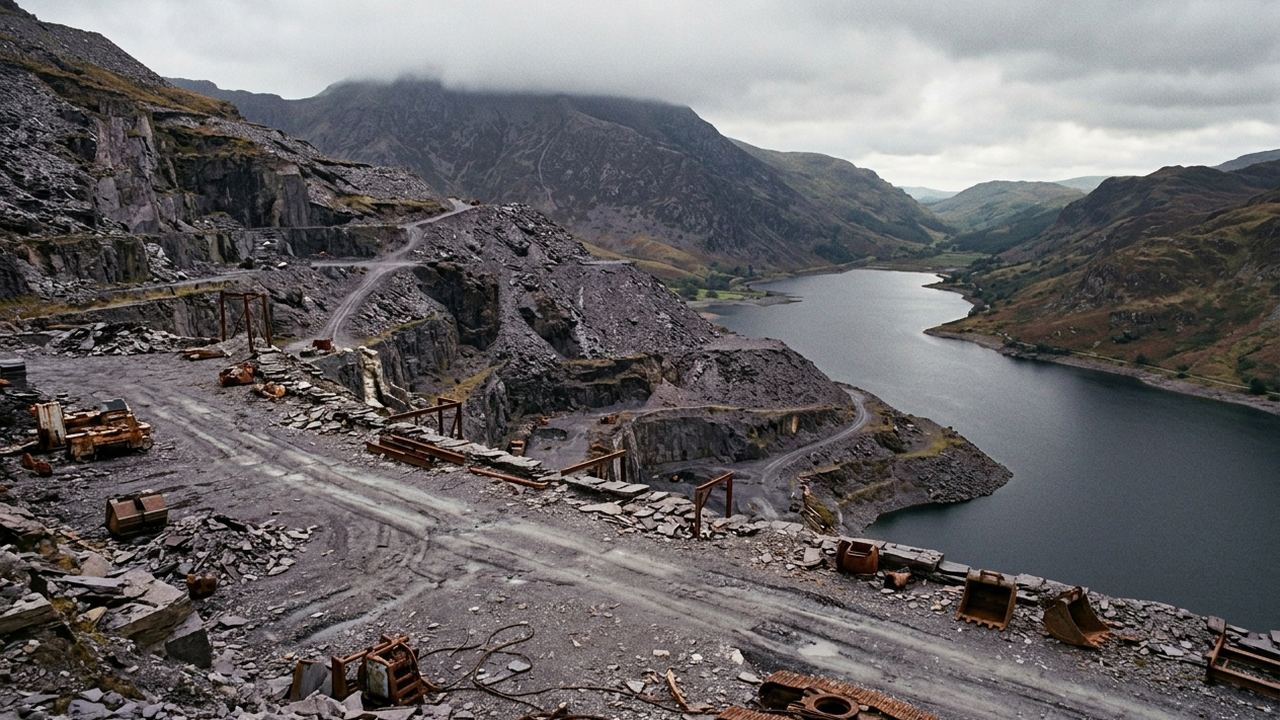 A slate quarry terrace cut into a Welsh mountainside above a lake, grey spoil, cloud sitting on the summit
