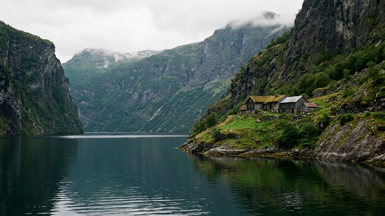 A steep Norwegian fjord arm with a small farm on a green ledge halfway up the rock face, still dark water below, cloud on the tops