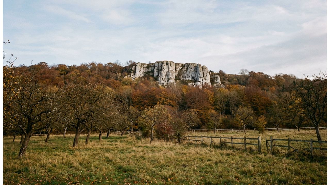 A white limestone crag above beech woodland with an orchard meadow in front, low autumn sun