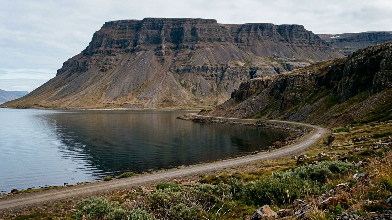 A flat topped basalt mountain dropping straight into a still northern fjord, one gravel road hugging the shore