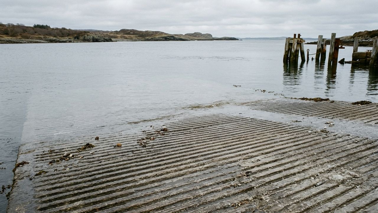 A ferry slipway of ribbed concrete running into flat grey water, the ribs lapping in receding bands, low cloud
