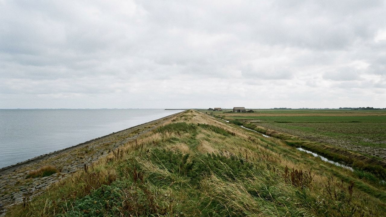 A long low sea dyke with flat water on one side and reclaimed fields on the other, huge sky, wind flattened grass