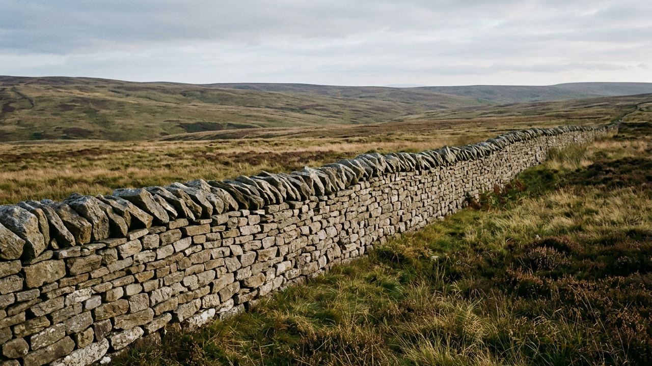 A drystone wall in low sun where each stone course laps the one beneath, open moorland behind, no buildings