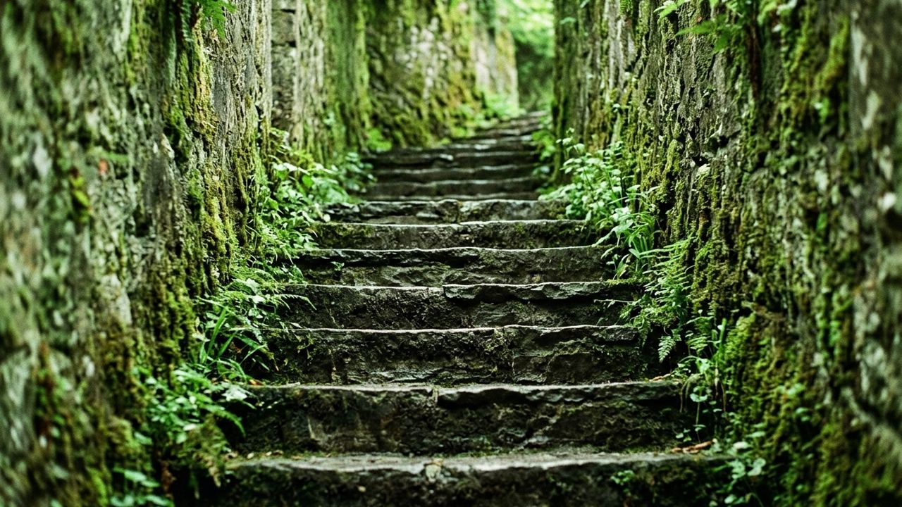 A narrow stone stair where each tread overhangs the riser below, damp, mossy walls either side, green light